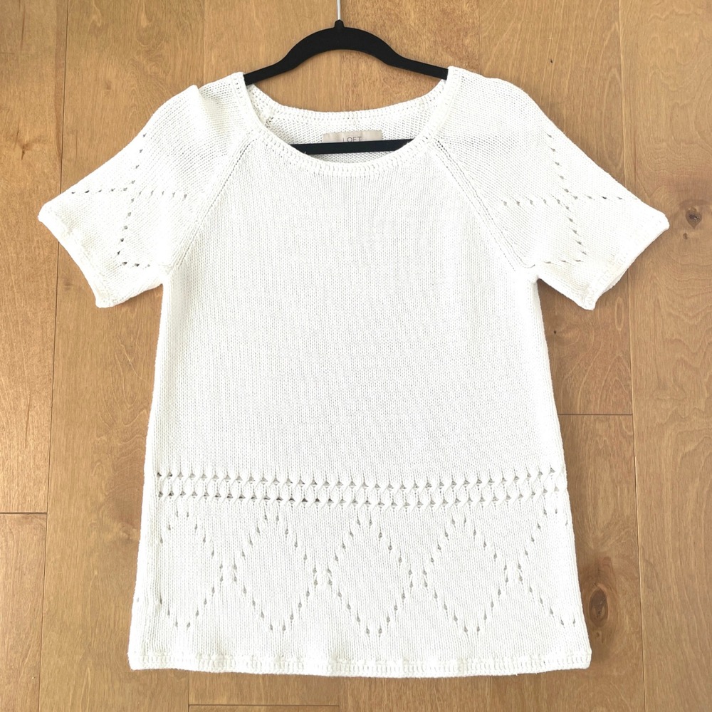 Loft White Cotton Short Sleeve Pointelle Knit Sweater Top Womens Medium